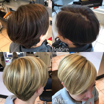 Before and after hair cut and colour